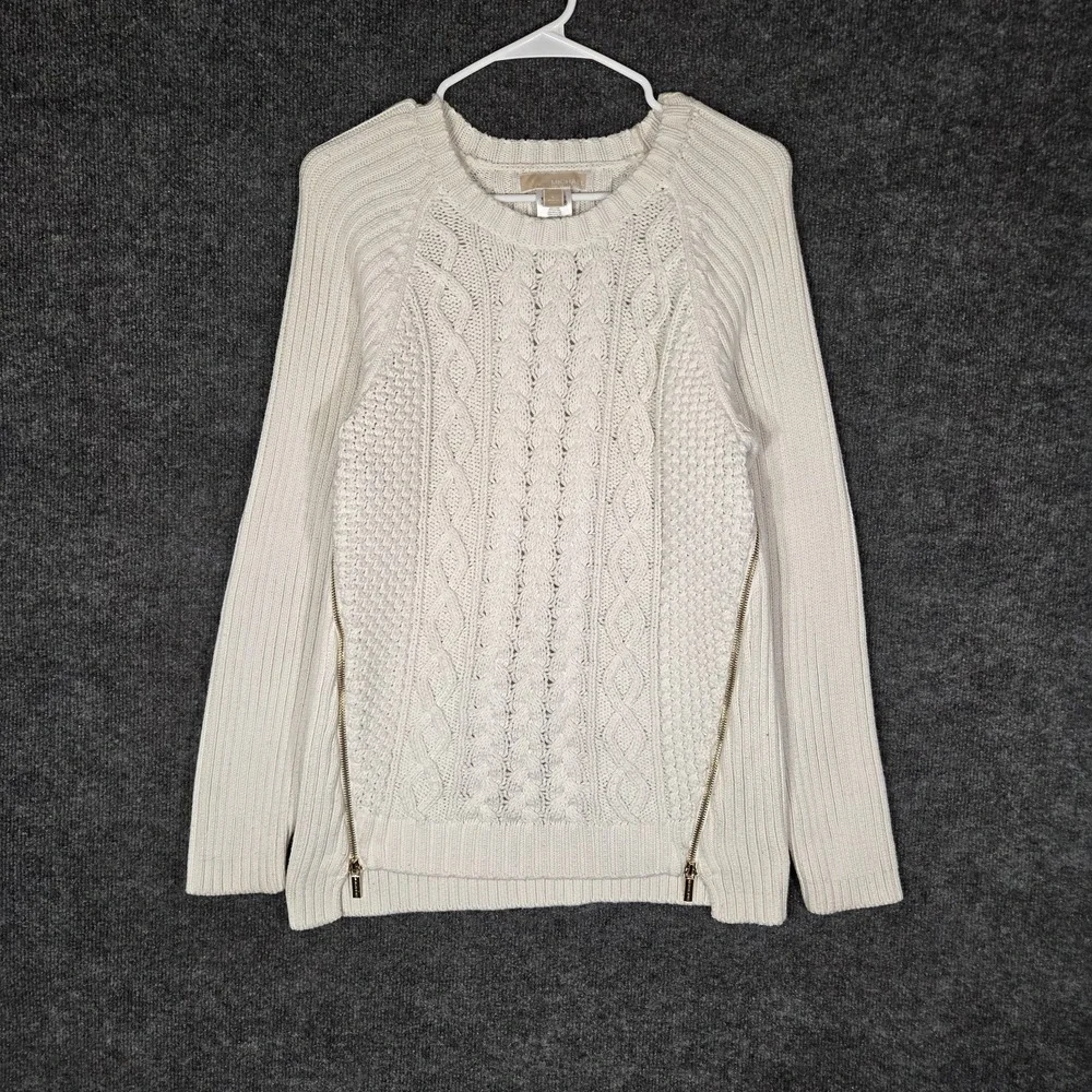 Michael Kors Cable Knit Sweater Women's Large Cream Side Zip Heavy Knit Pullover